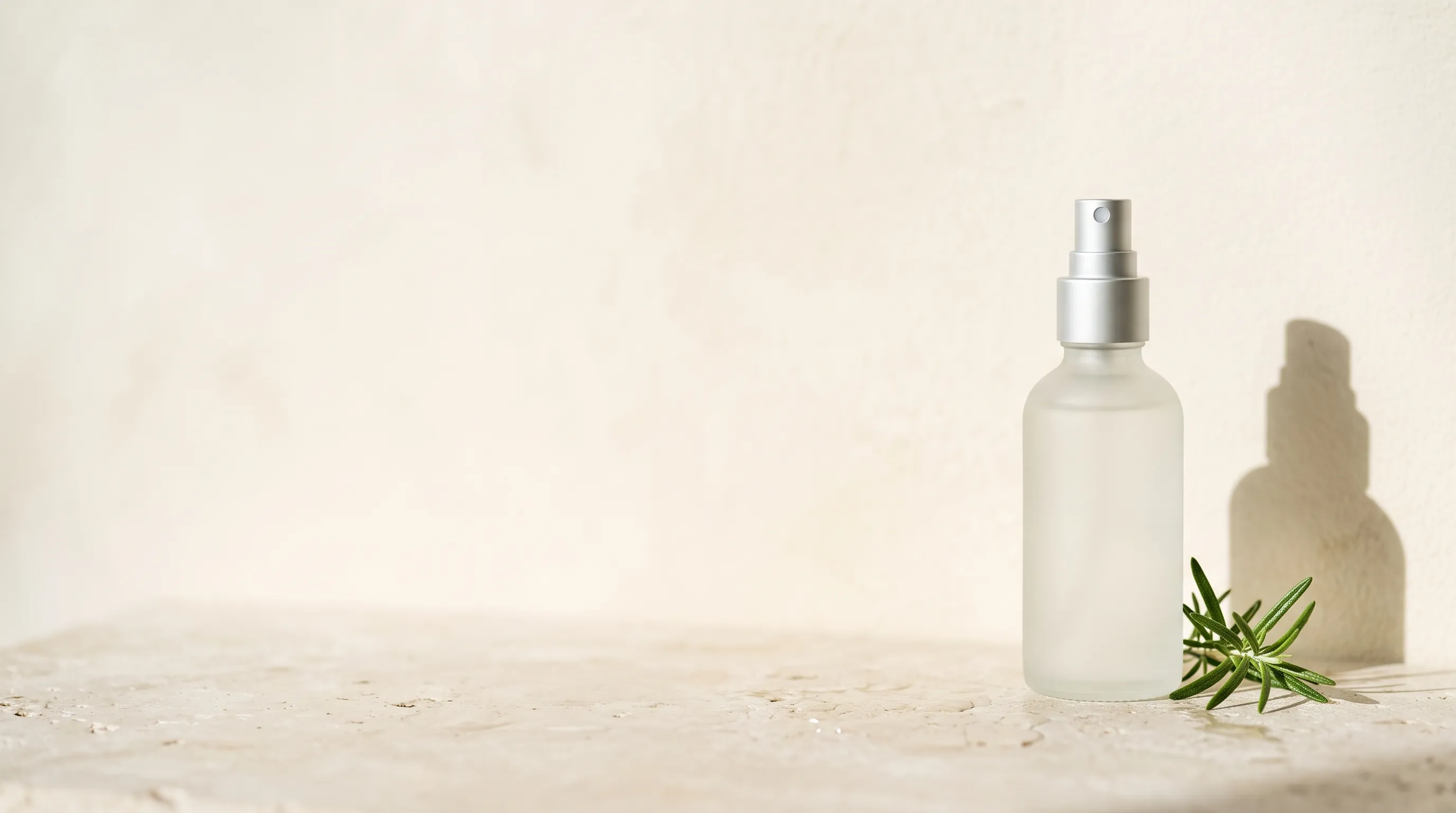 A frosted-glass bottle of Sprig the Scalp Mist beside fresh rosemary, lit by soft daylight.