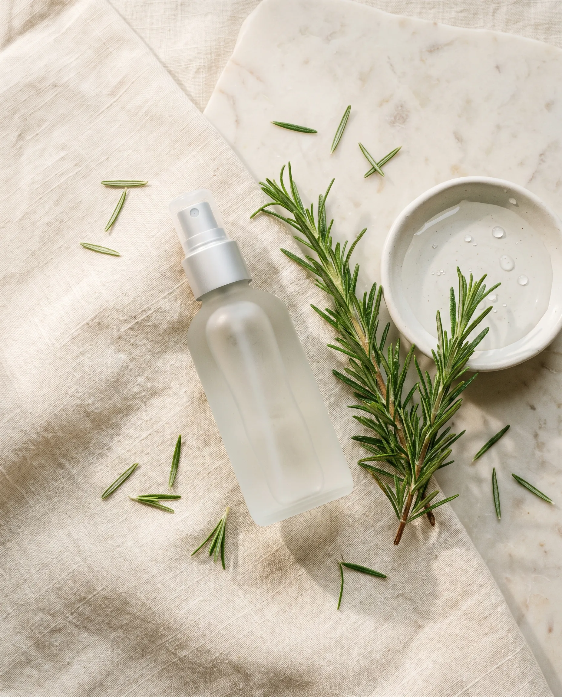 An overhead flat-lay of the Scalp Mist bottle with fresh rosemary, water and rosemary needles on cream linen.