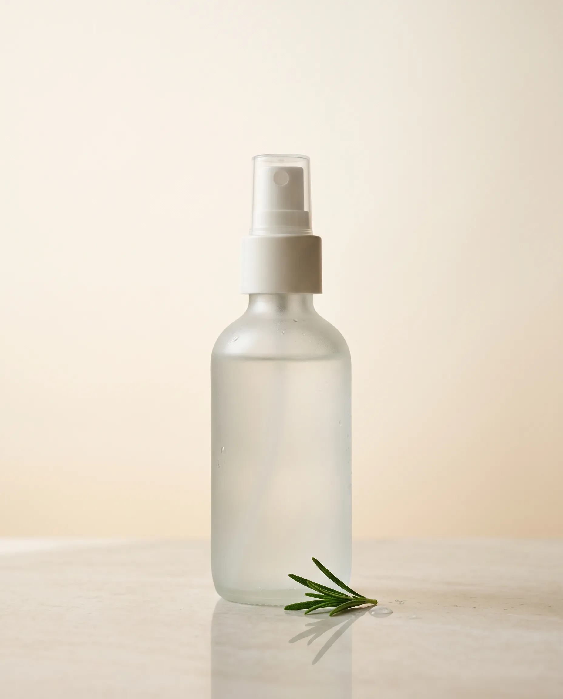 The unlabelled frosted-glass bottle of Sprig the Scalp Mist with a sprig of rosemary.