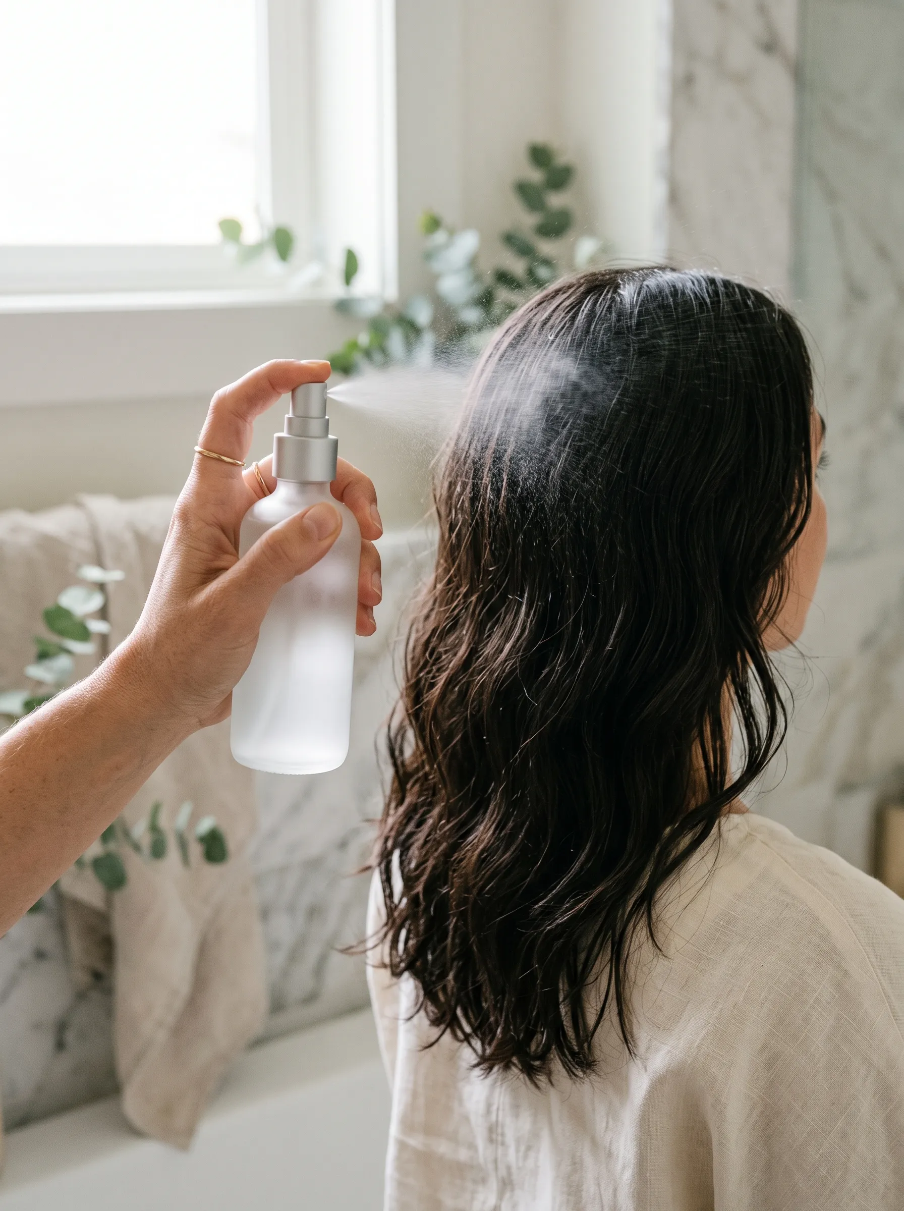 A hand mists Sprig the Scalp Mist over healthy, glossy hair in soft bathroom light.