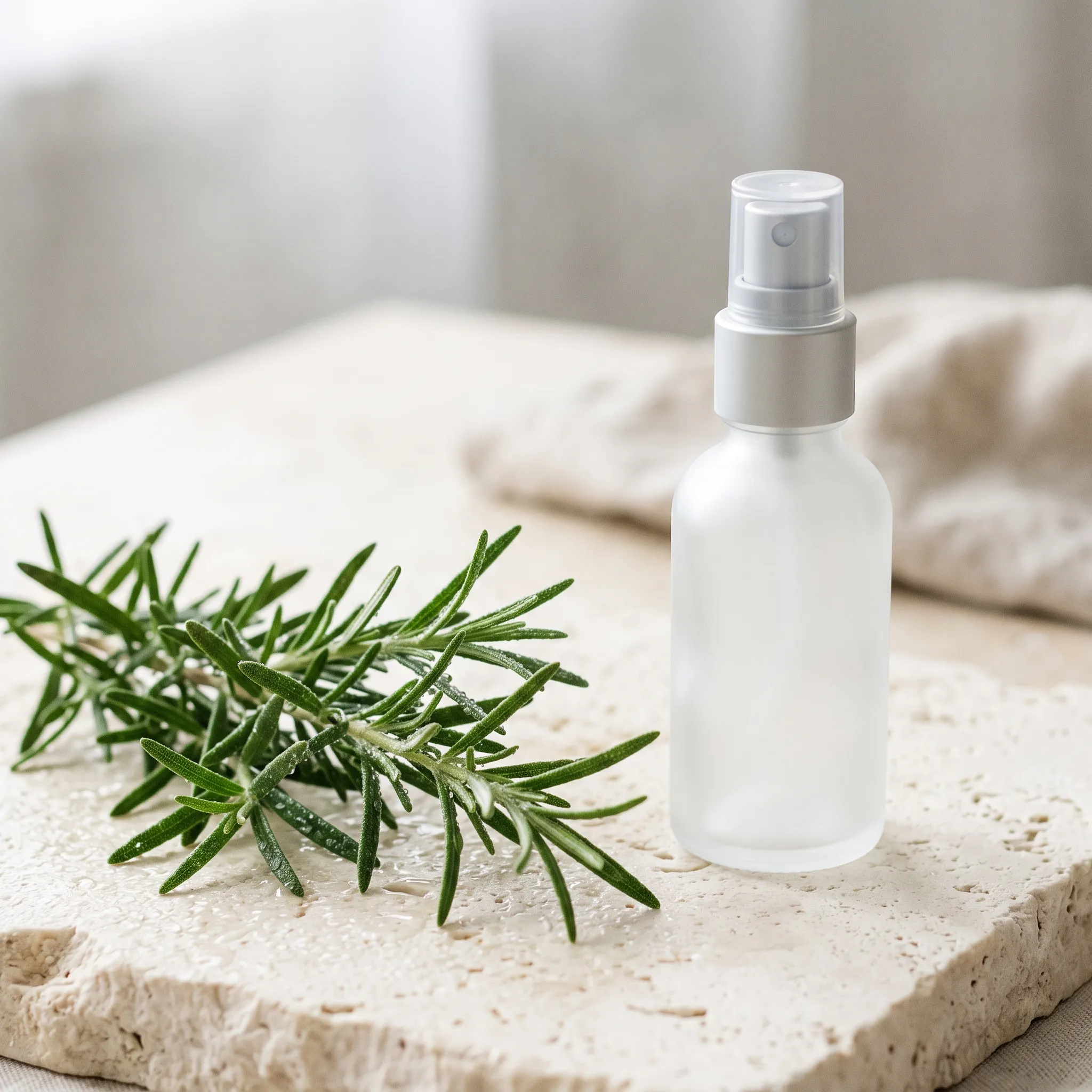 Fresh sprigs of rosemary with dew droplets on a pale cream surface.